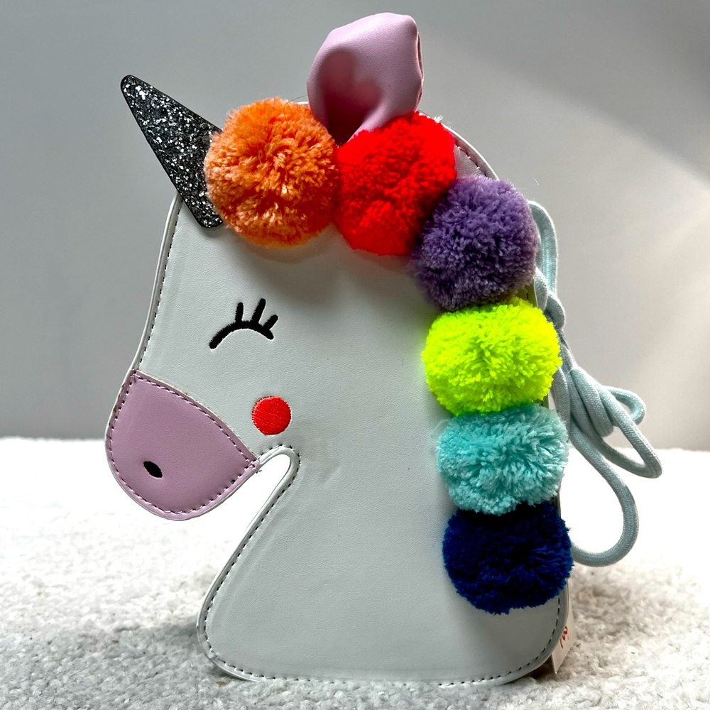Cat & Jack Unicorn Girls Crossbody Bag w/Rainbow Pom Poms